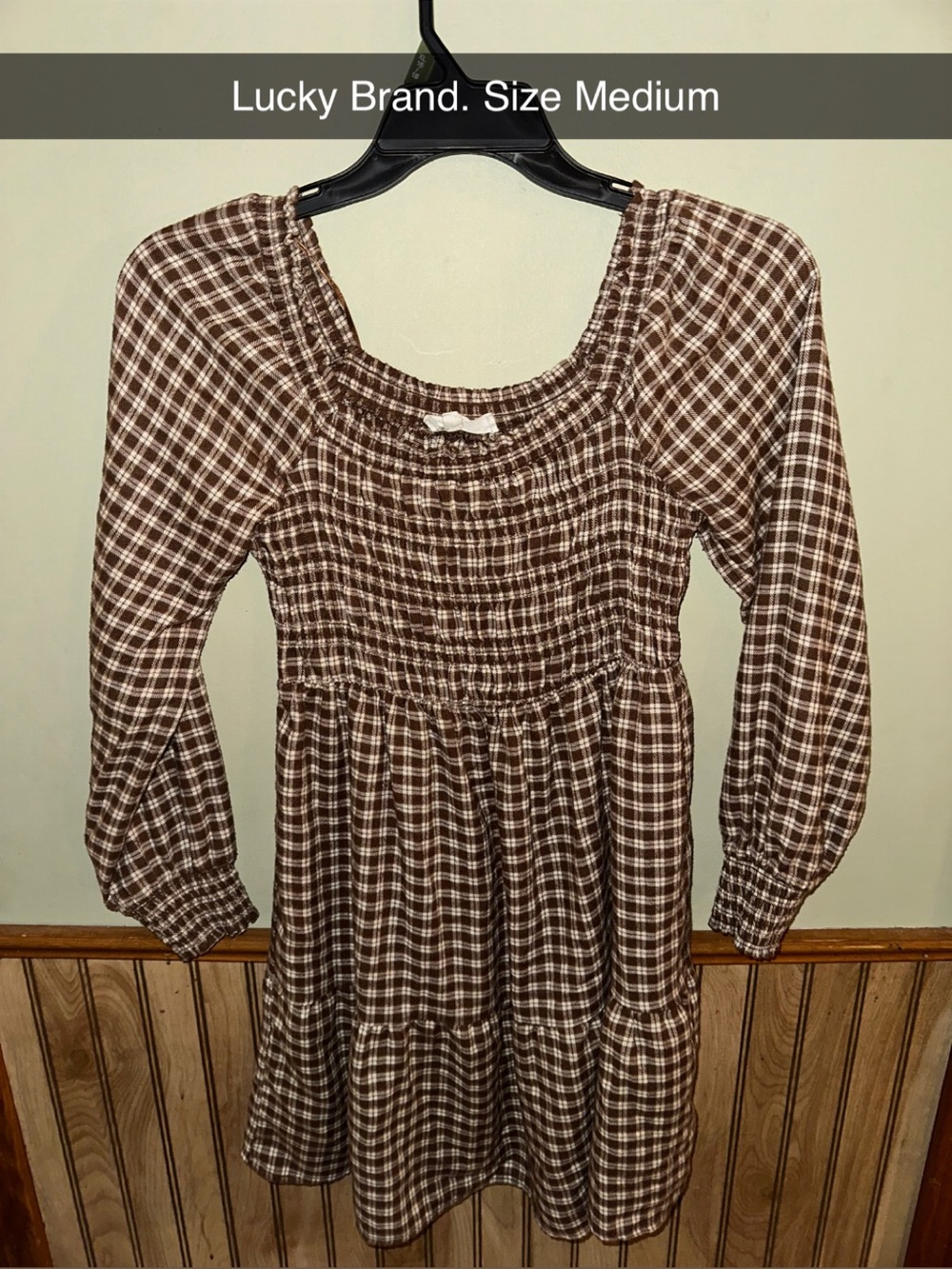Lucky Brand Brown Plaid Smocked Long Sleeve Dress